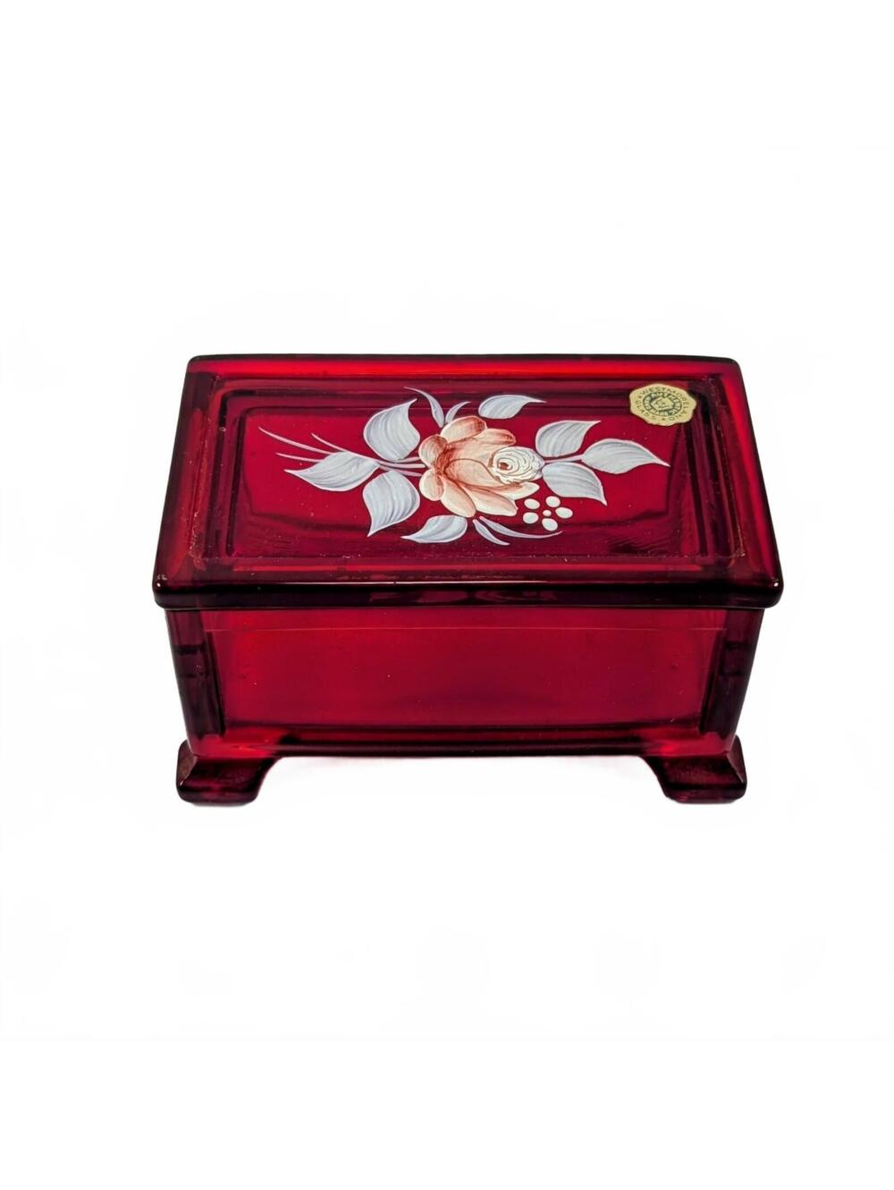 1979 Westmoreland Red Ruby Glass Trinket Treasure Box - Signed- D. Green